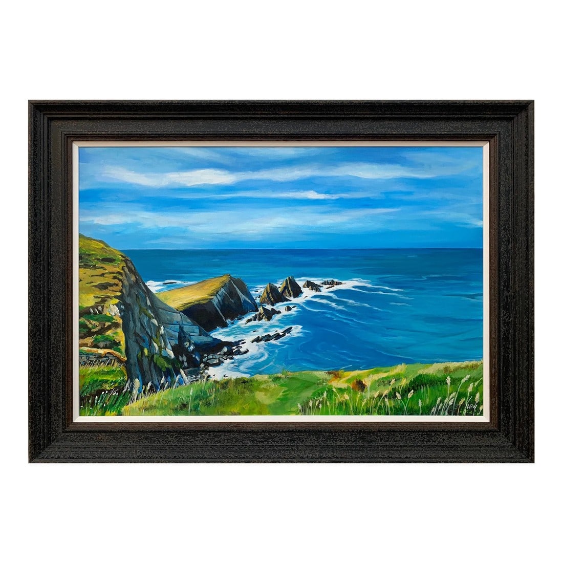Seascape Landscape Painting of Hartland Point in Devon England by Contemporary British Artist: Seascape Landscape Painting of Hartland Point in Devon, England by British Artist Angela Wakefield. Framed in a high quality contemporary off-black wooden moulding with a white slip. Art measures