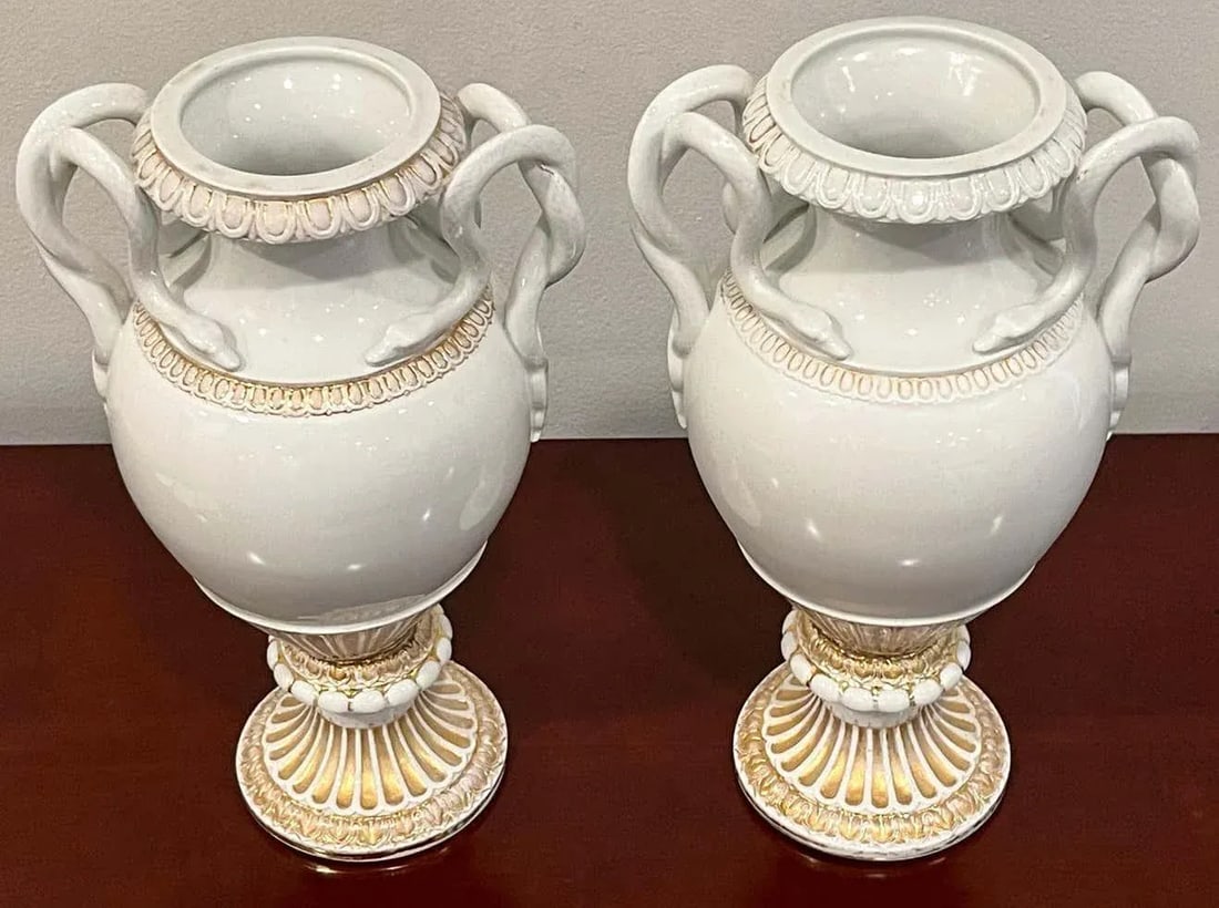 19th Century Meissen Gold & White Neoclassical Serpent Handled Vases - A Pair - 10