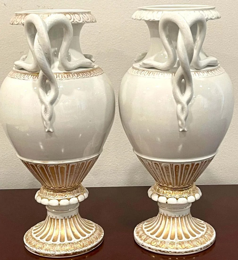19th Century Meissen Gold & White Neoclassical Serpent Handled Vases - A Pair - 11