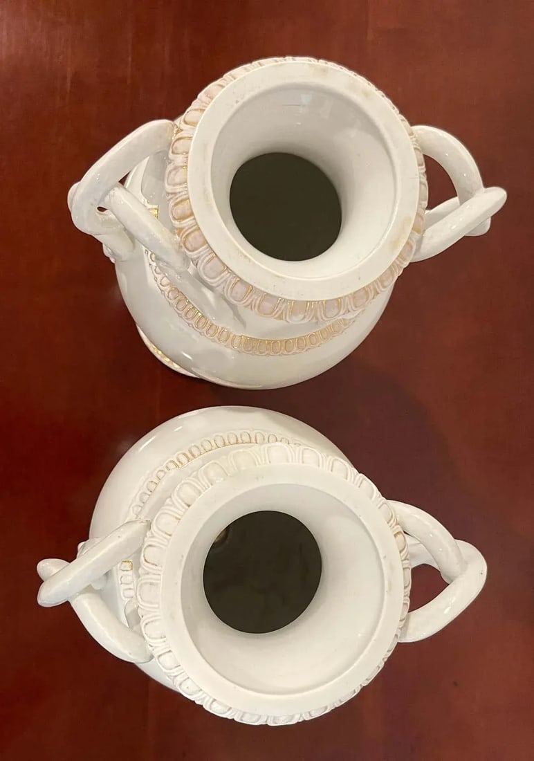 19th Century Meissen Gold & White Neoclassical Serpent Handled Vases - A Pair - 12