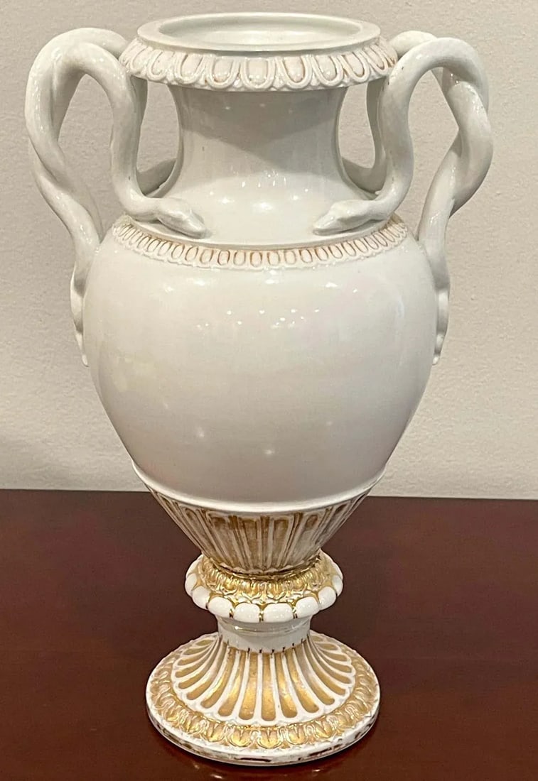 19th Century Meissen Gold & White Neoclassical Serpent Handled Vases - A Pair - 2
