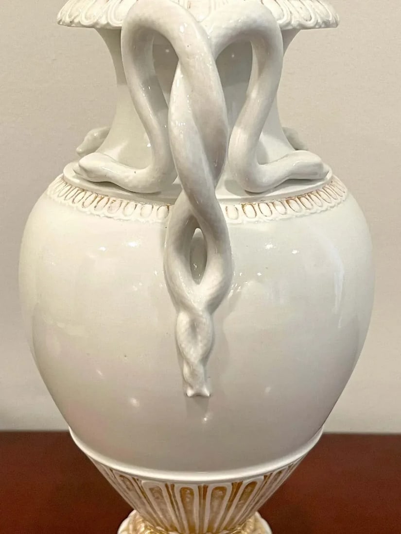 19th Century Meissen Gold & White Neoclassical Serpent Handled Vases - A Pair - 3