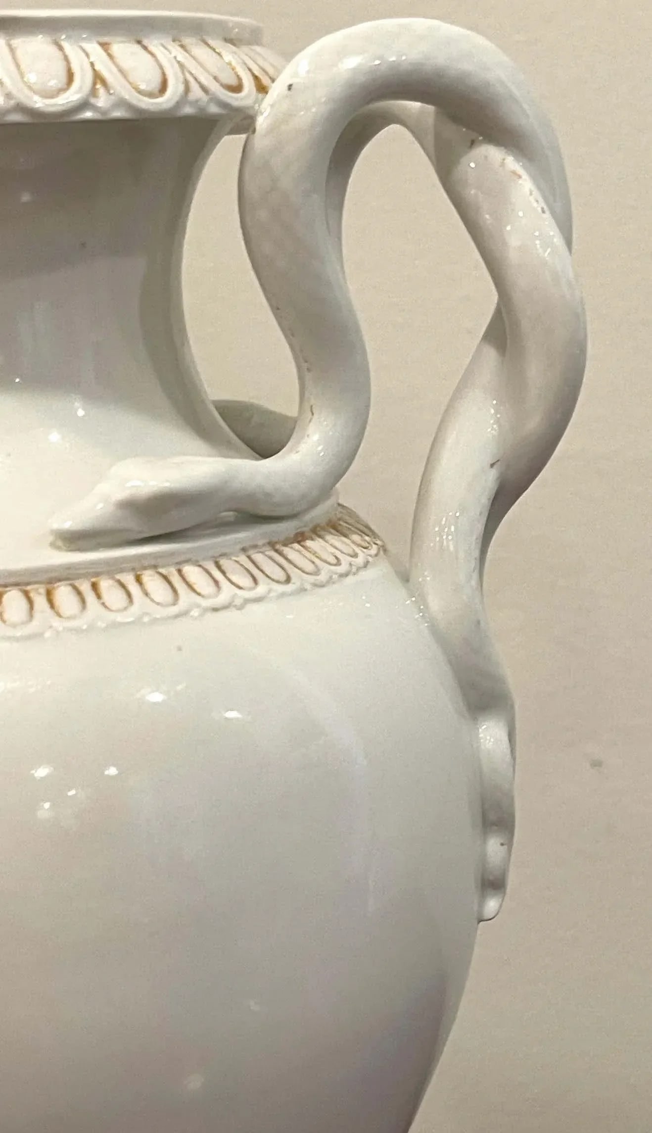 19th Century Meissen Gold & White Neoclassical Serpent Handled Vases - A Pair - 4