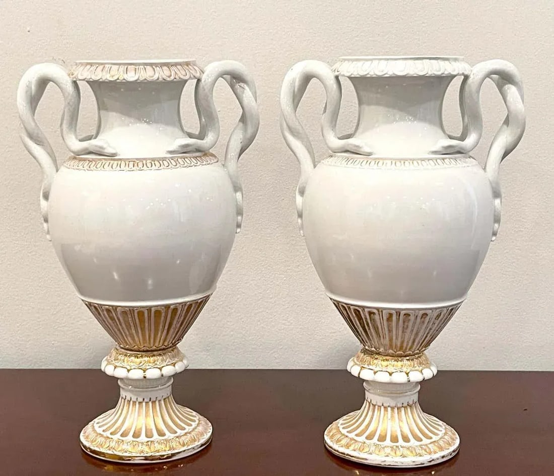 19th Century Meissen Gold & White Neoclassical Serpent Handled Vases - A Pair - 5
