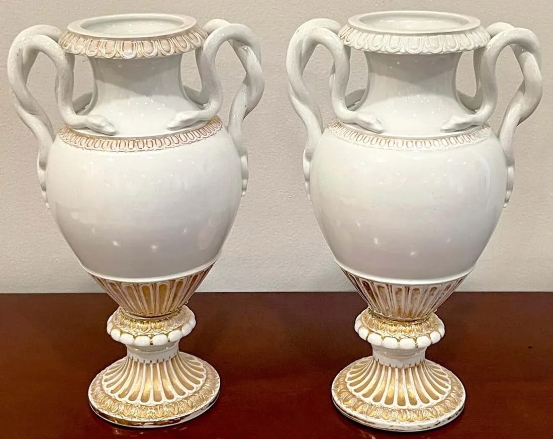 19th Century Meissen Gold & White Neoclassical Serpent Handled Vases - A Pair - 6