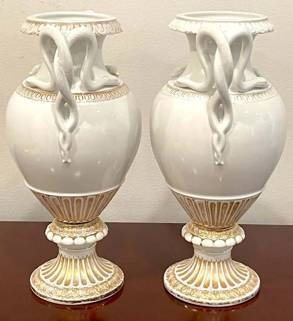 19th Century Meissen Gold & White Neoclassical Serpent Handled Vases - A Pair - 7