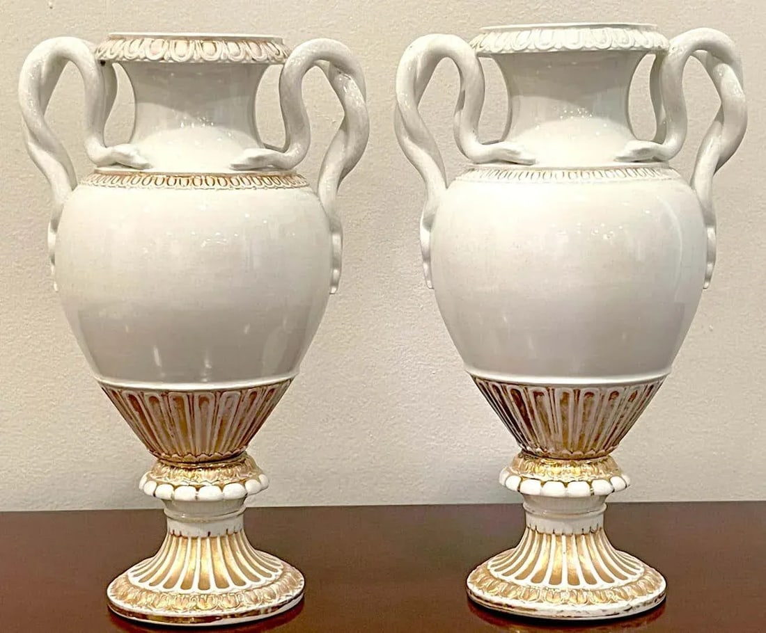 19th Century Meissen Gold & White Neoclassical Serpent Handled Vases - A Pair - 8