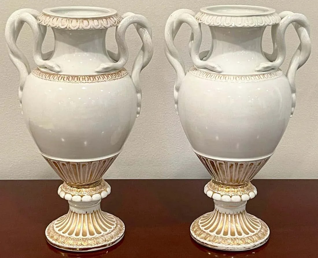 19th Century Meissen Gold & White Neoclassical Serpent Handled Vases - A Pair - 9