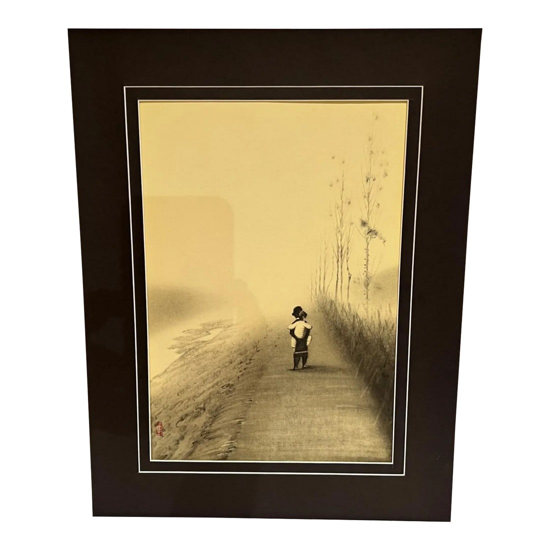 1960s Fine Chinese Art Child Being Carried: AMBIANIC presents 1960s Fine Chinese Art Child Being Carried on Man's Back Scenic Road Frame 16.5 tall x 12.75 w x .75 thick, art 11.5 x 8 w Original vintage condition unrestored See images provided