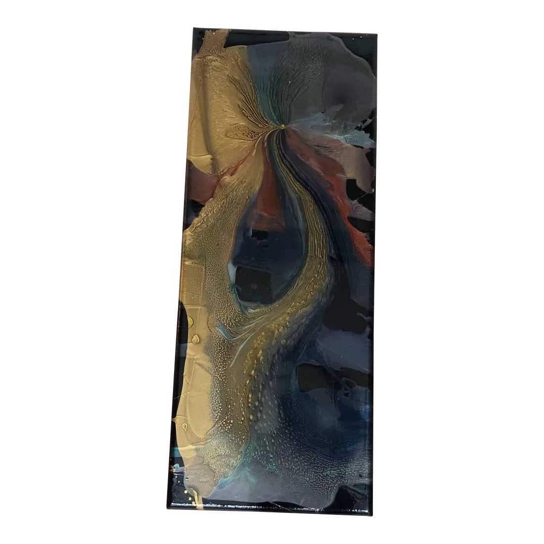 Élan Vital Original Painting: Élan Vital original painting, signed on one edge and on the back. #2254. The main color is gold, with swirls of black, blue, red, purple, and green. The canvas is wrapped around a wood frame.