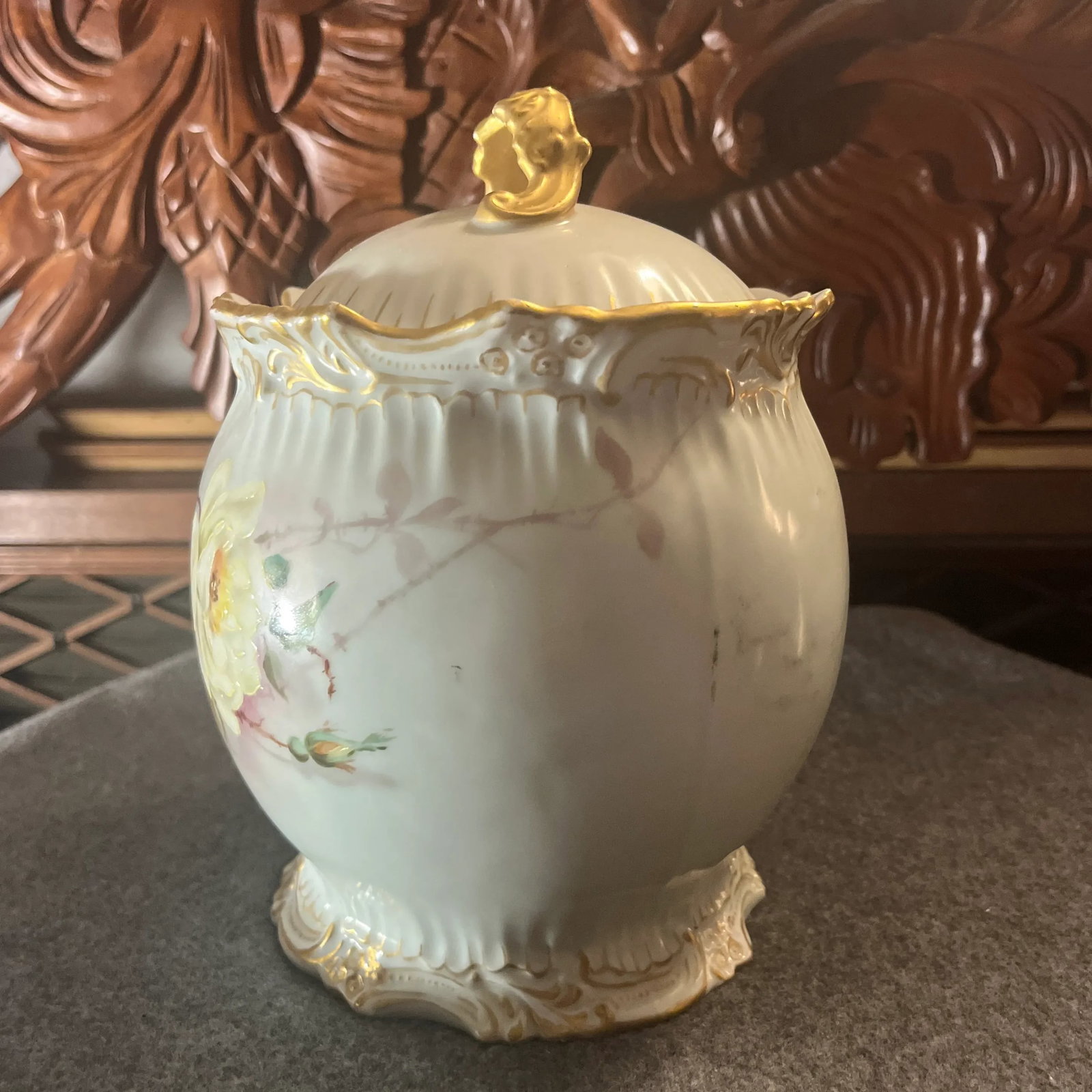 Antique T&v Limoges France Hand Painted Biscuit Jar - 2