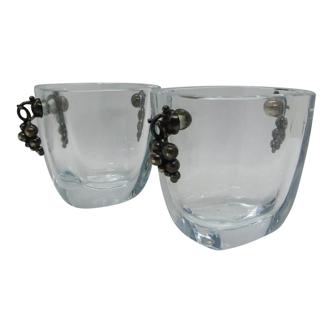 Pair Mid-Century Modern Strombergshyttan Danish Glass Vases Grape Cluster Handles: Pair of Mid-Century Modern Strombergshyttan Danish Glass Vases with Grape Cluster Handles Each measures 4 1/8" wide handle to handle, 2 3/4" deep and 3 1/8" tall. Condition: Alterations: Original