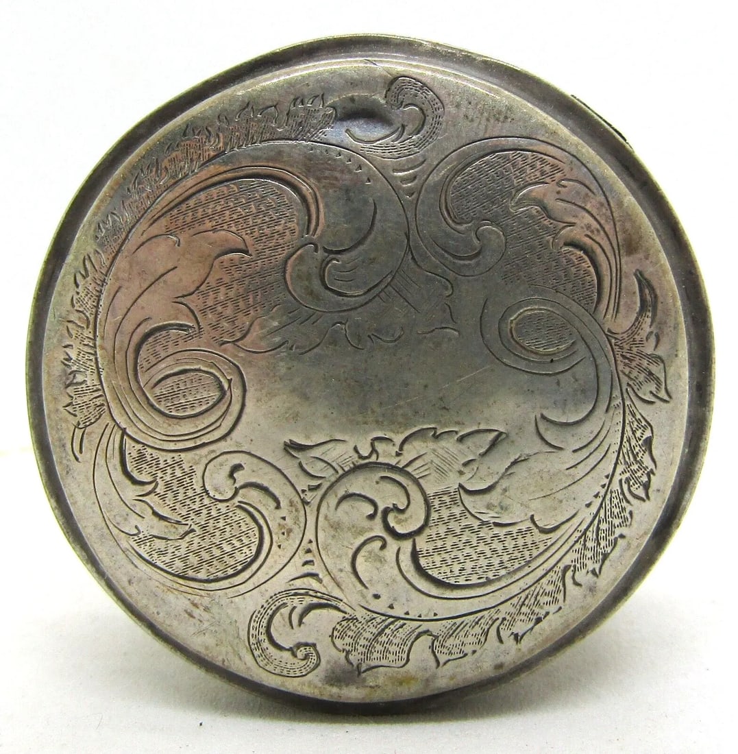 Mid 19th Century Antique Engraved Sterling Silver Round Pill Box - 2