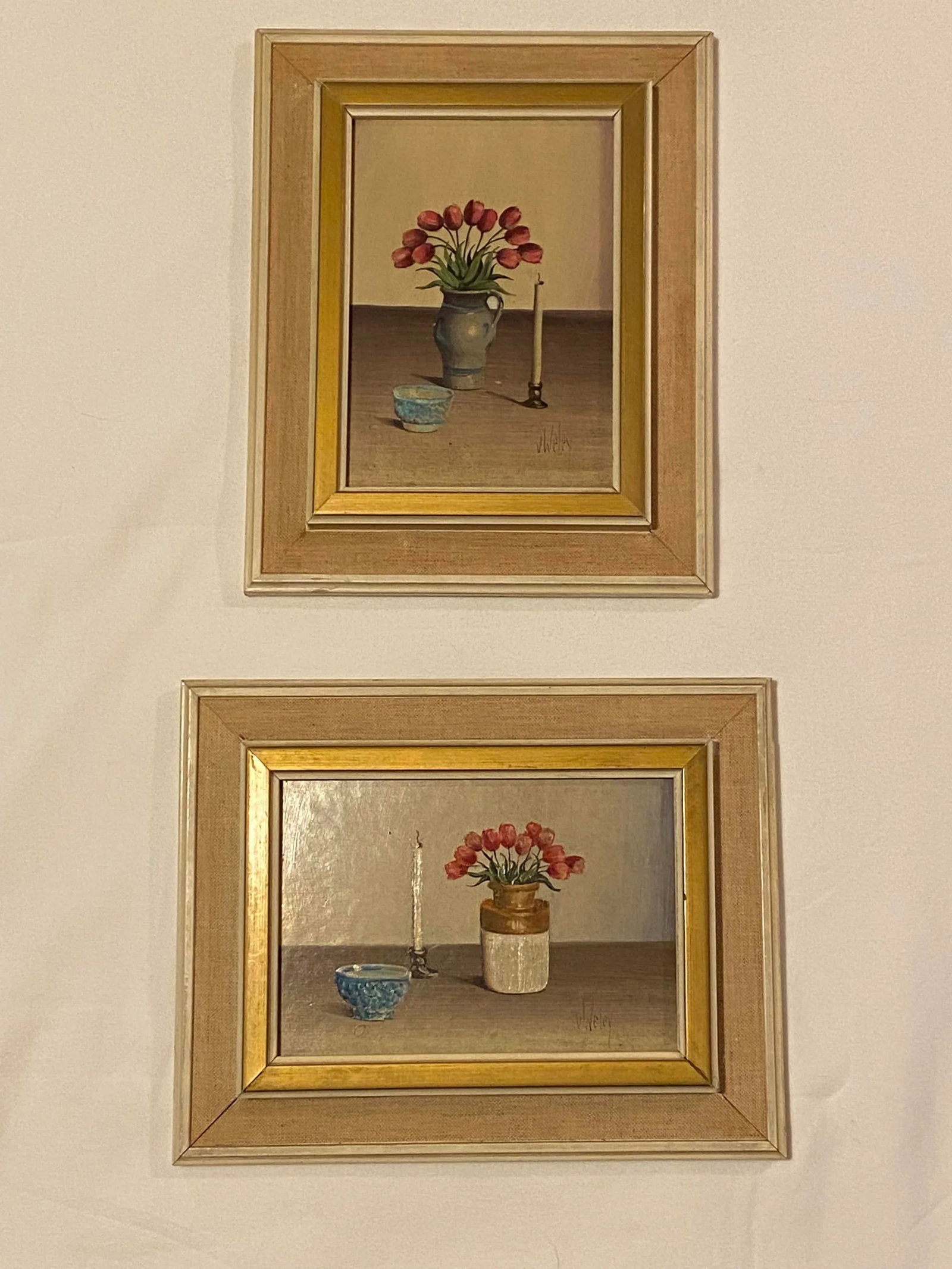 Original Vintage Pair of Miniature Still Life V. Weley Paintings - 2