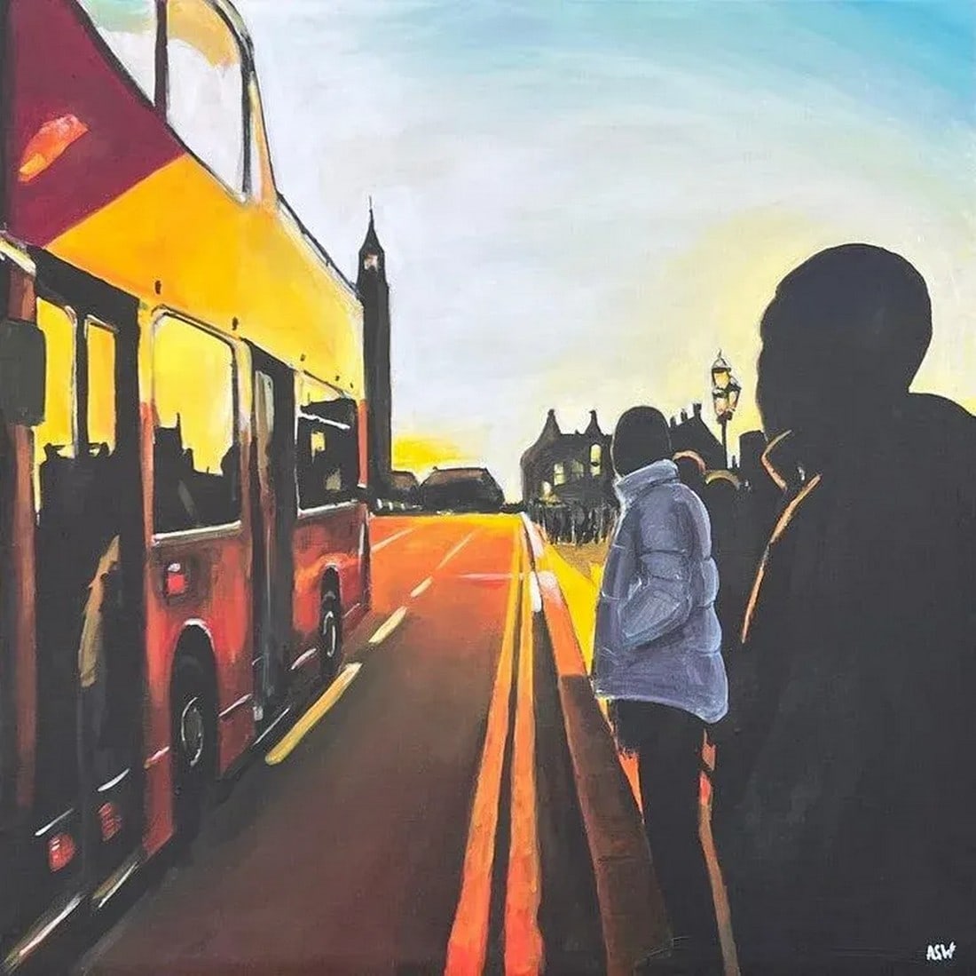 Westminster Sunset in London With Open Top Bus by British Urban Landscape Artist: Westminster Sunset in London with Open Top Bus by British Urban Landscape Artist, Angela Wakefield Art measures 24 x 24 inches (unframed) High quality Italian box canvas Condition: Alterations: