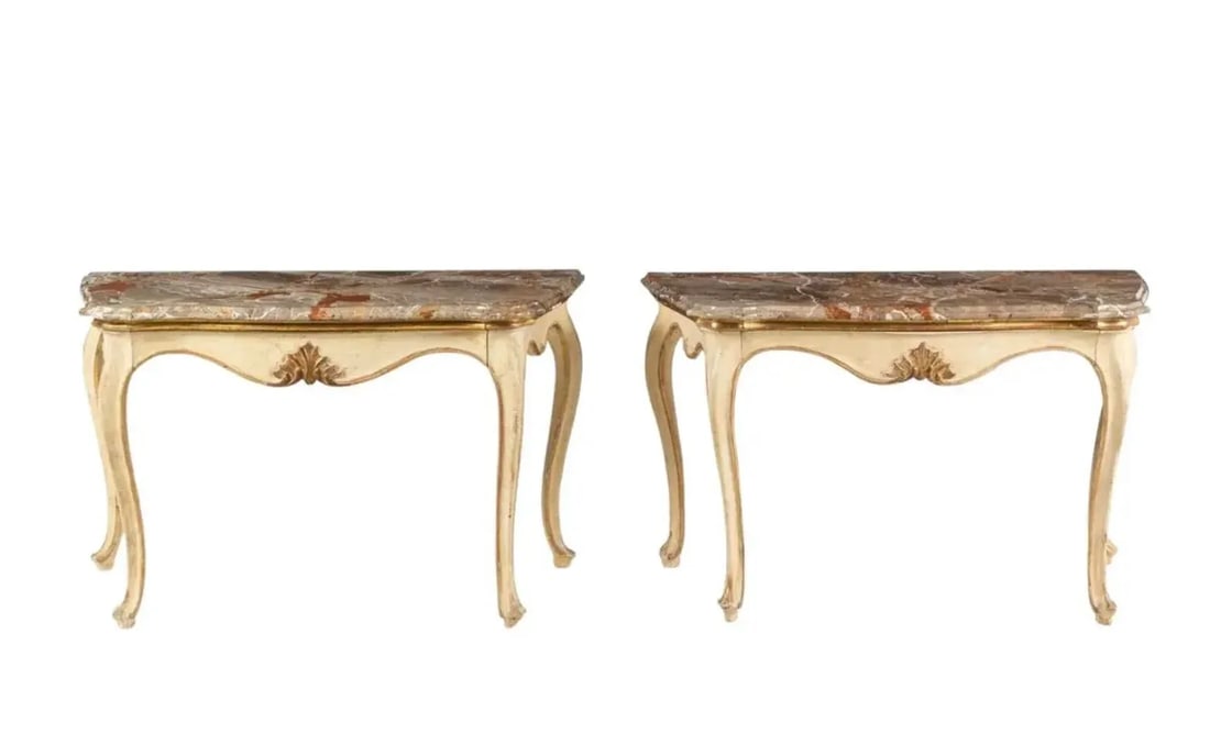 Pair of 19th Century Italian Painted and Gilt Marble-Top Console Tables - 11