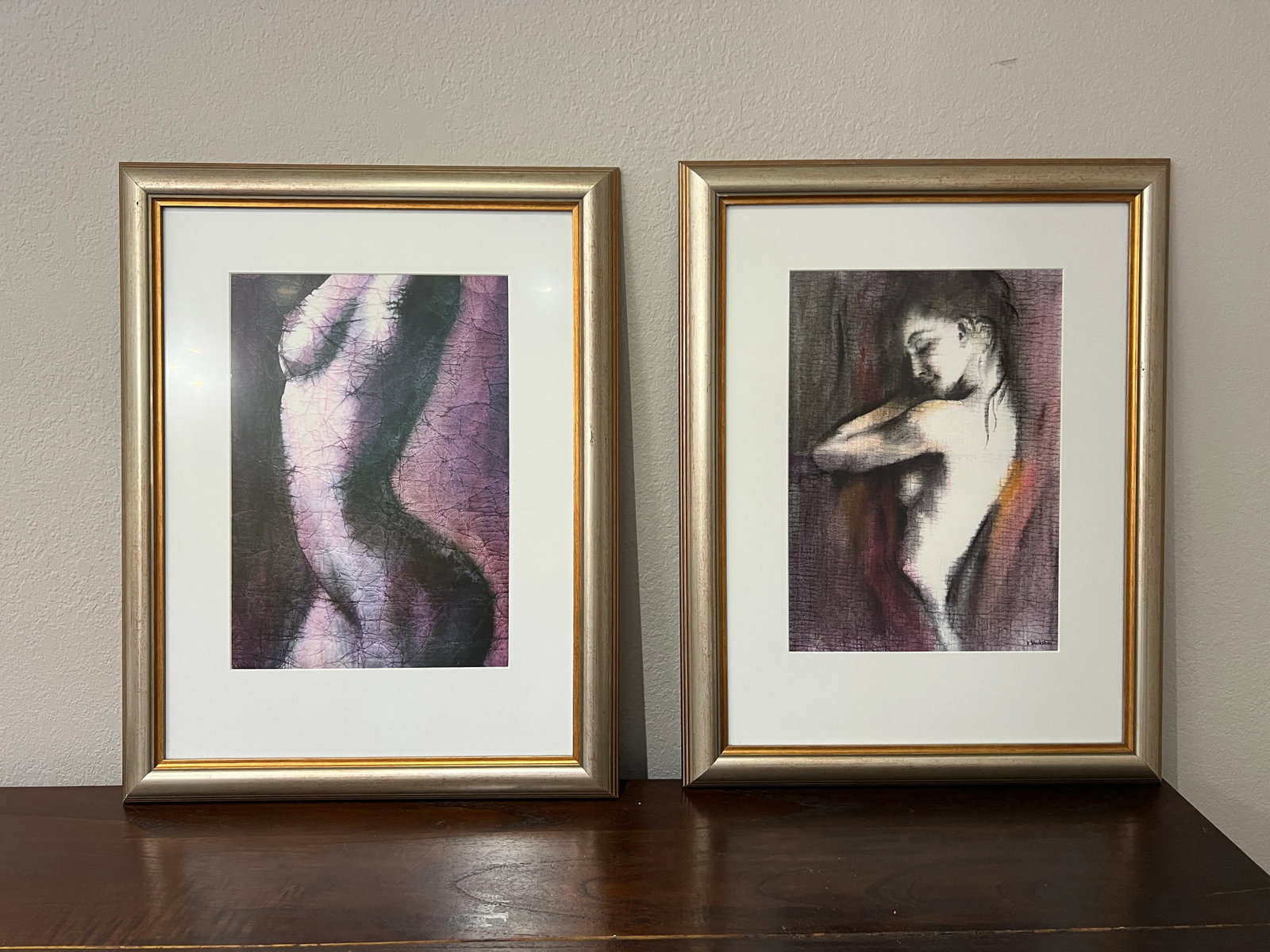 1980s Nude Woman Silhouette Original Painting, Matted and Framed - Set of 2 - 12