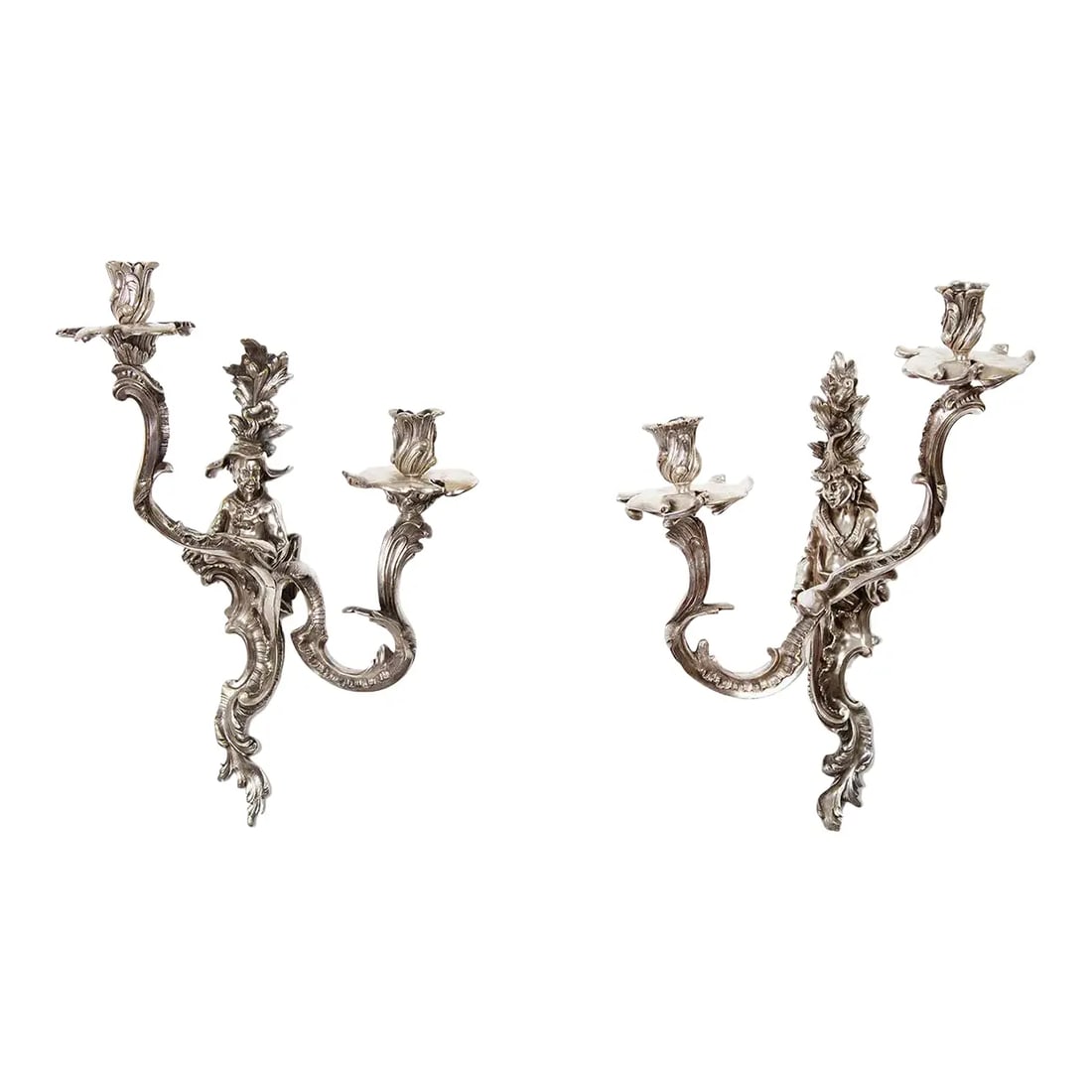 Late 19th Century French Bronze Sconces - a Pair: A fine pair of French Louis XV sconces with a finely cast silvered bronze, the Chinsoierie male and female figures with elaborate leaves, C scrolls, and floral motifs. France, ca 1890 Dimensions: 11"