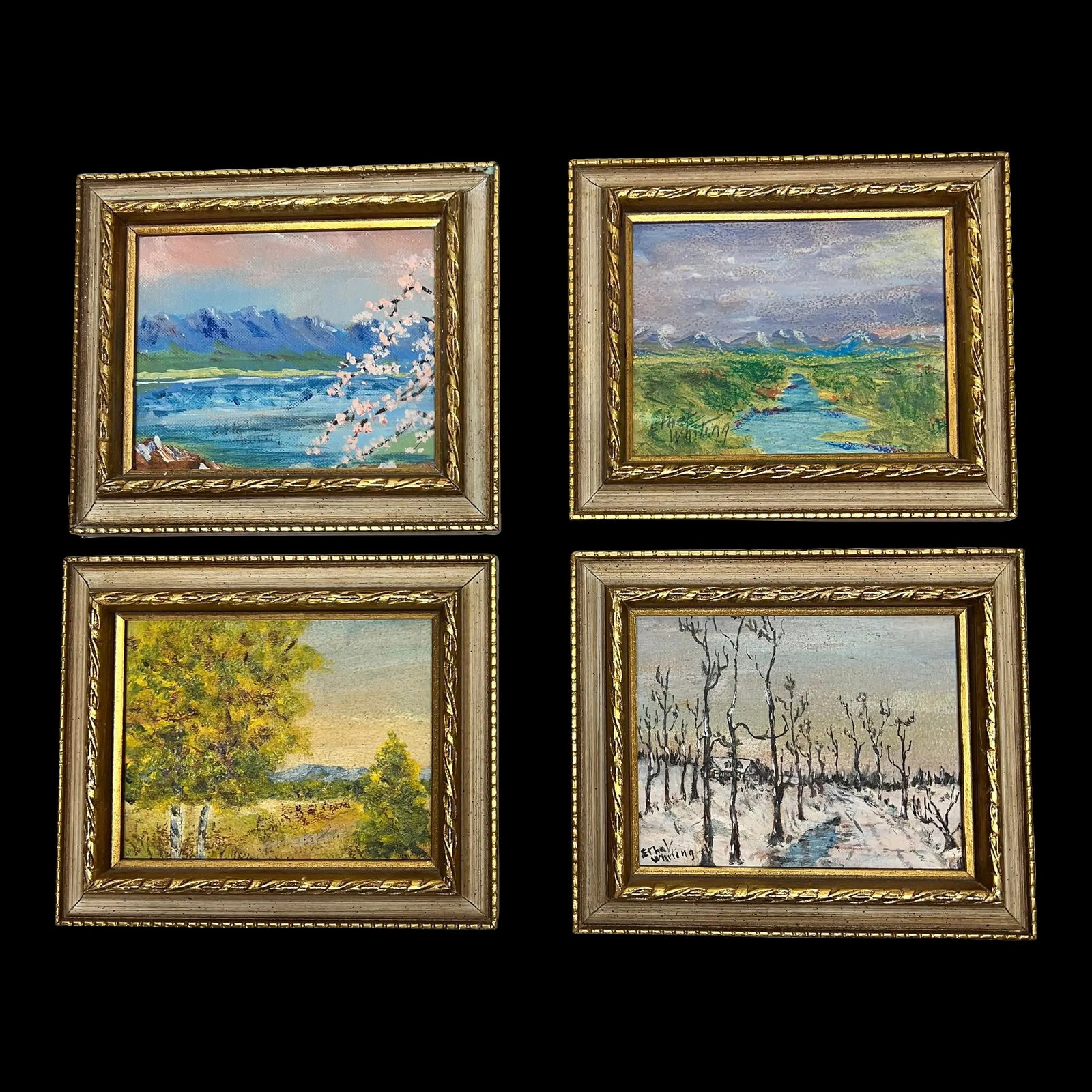 Original Landscape Painting on Board Each Depicting a Season - Set of 4: Set of 4 framed landscape paintings on board each depicting a season. Signed by the same artist. I believe these are oil but could be acrylic. Each frame measures 7.25" w x 6.25" h x 1.25" d. Estate
