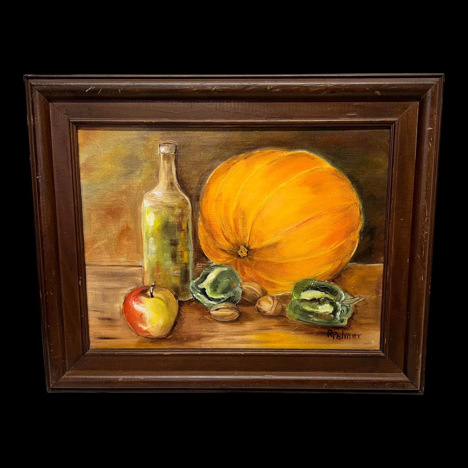Vintage Original Art Oil on Board Still Life Signed by Artist: With frame measures 20.75" w x 16.75" h. Condition: Alterations: Original Condition Unaltered Imperfections: Some Imperfections Condition Notes: Some scratches on frame. Painting is good. Dimensions: