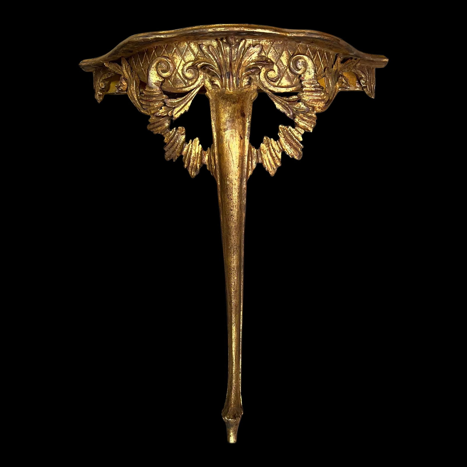 Rare Large Mid Century French Style Gilt Wall Console Table Made in Italy: Rare large French style wall console table. Beautifully carved under the top. Minor imperfections consistent with age and use. See pictures. Measures 26" w x 12" d x 32" h. Makes a great display.