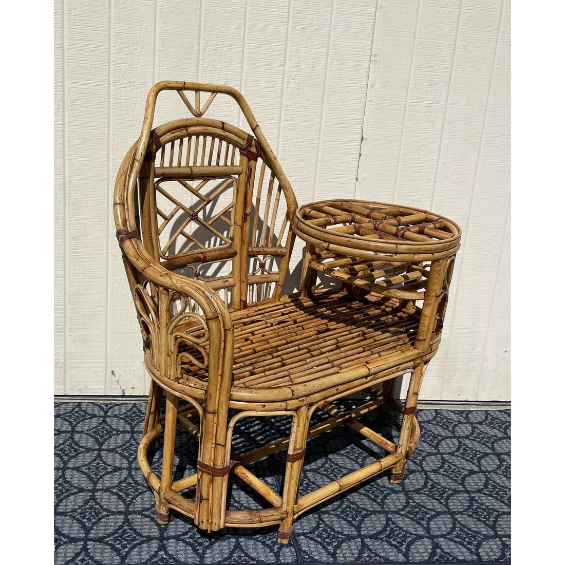 Mid 20th Century Vintage Rattan Bamboo "Gossip" Telephone Bench With Glass Tabletop - 3