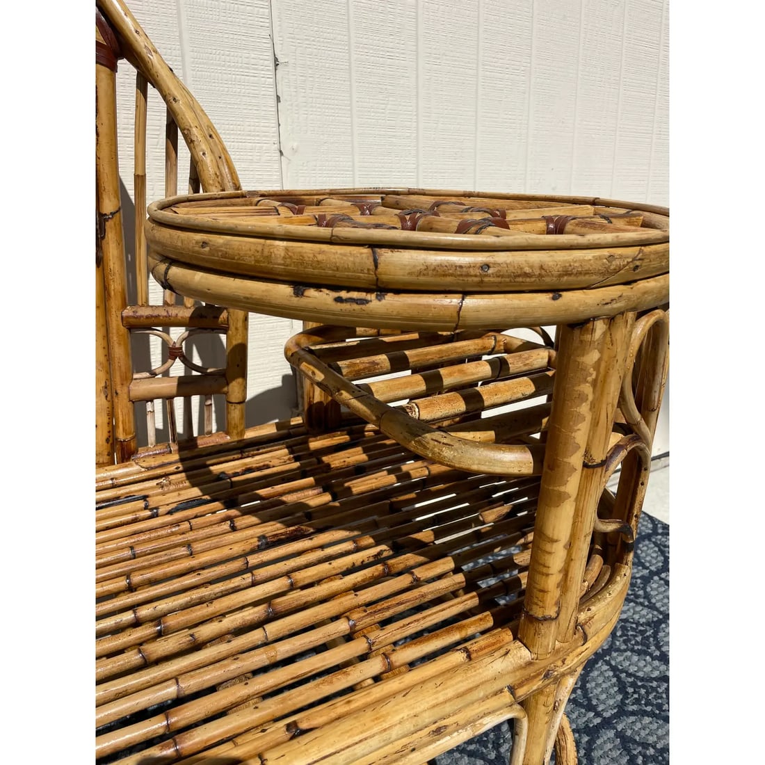 Mid 20th Century Vintage Rattan Bamboo "Gossip" Telephone Bench With Glass Tabletop - 9