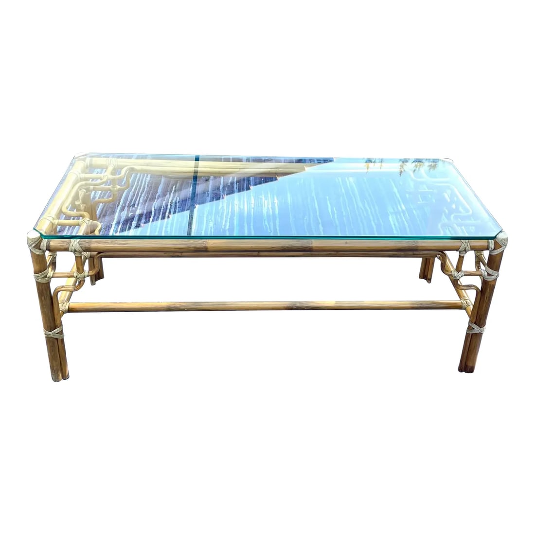 McGuire Vintage Rattan "Marview" Coffee Table: Offering a chinoserie style coffee table by luxury brand McGuire of San Francisco. Such a beautiful vintage piece! Featuring a large rectangular base made of bentwood rattan with fretwork detailing