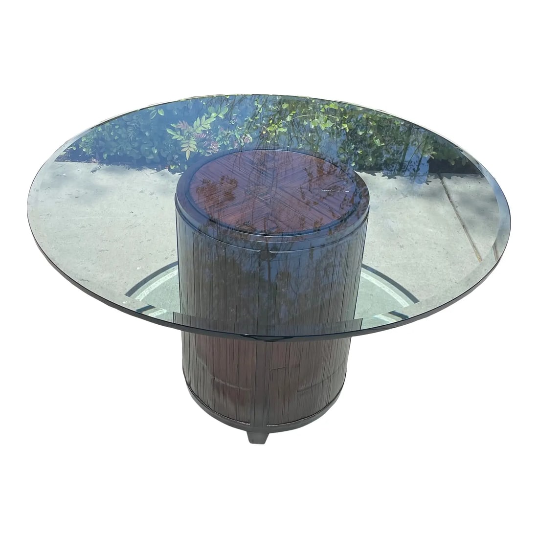 McGuire Bamboo Dining Table, Faubourg Collection: Offering a bamboo dining table from luxury brand McGuire of San Francisco. It features a drum shape base constructed of hardwood with a pressed bamboo overlay. The 4 sections of dark brown bamboo are