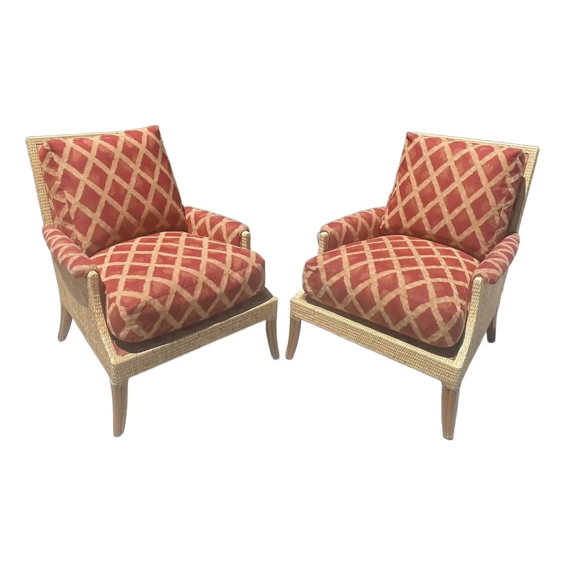 McGuire Rattan Lounge Chairs, Umbria Collection a Pair by Orlando Diaz-Azcuy: Gorgeous set of lounge chairs by designer Orlando Diaz-Azcuy for luxury brand McGuire of San Francisco. Named the "Umbria" chair, their elongated frames feature generous proportions with extra deep