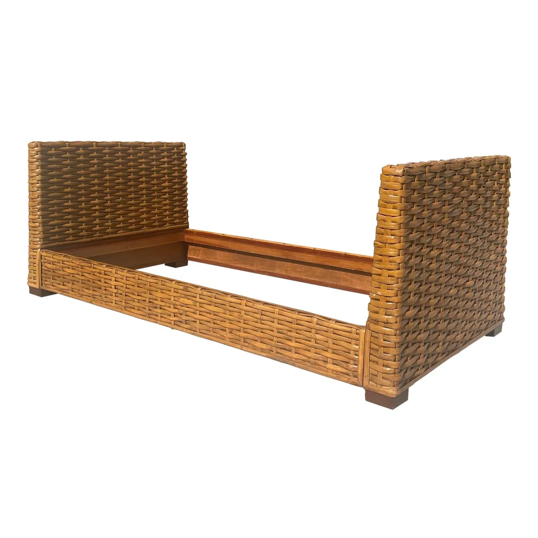 Restoration Hardware Woven Rattan Twin Daybed, Inspired by Ralph Lauren: Boho chic daybed by Restoration Hardware. This twin size frame is made from unique, large scale woven rattan in a classic coastal style inspired by Ralph Lauren pieces. The rattan covers a wood frame 
