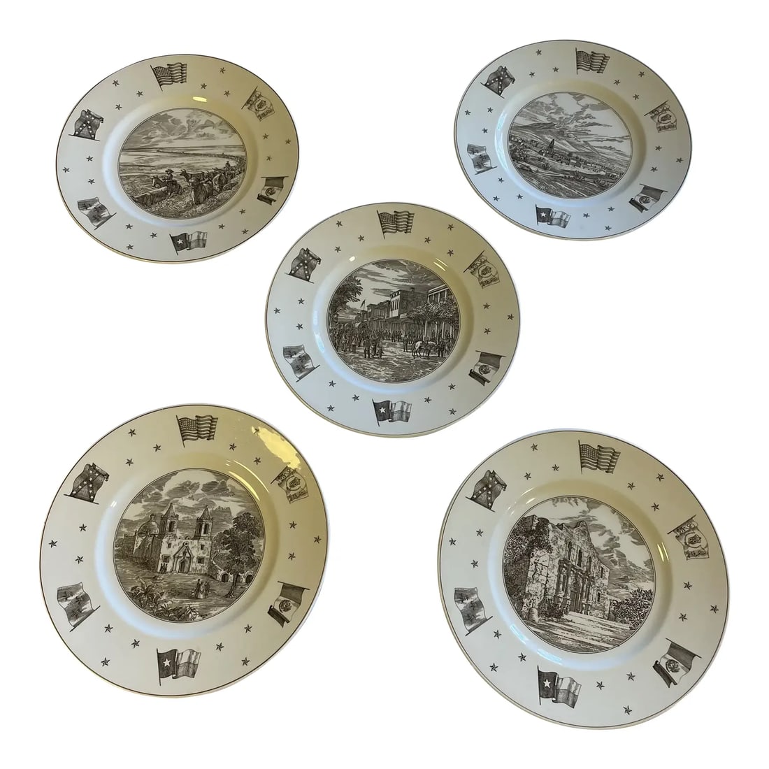 1960s Josiah Wedgewood and Sons for Neiman Marcus Views of Old Texas Salad/Dessert Plates- Set of 5: A limited-edition set of 5 salad or dessert plates designed by Josiah Wedgewood and Sons, Ltd. for Neiman Marcus that depict scenes from Od Texas: The Alamo, On the Cattle Trails, Old Brownsville, Mis