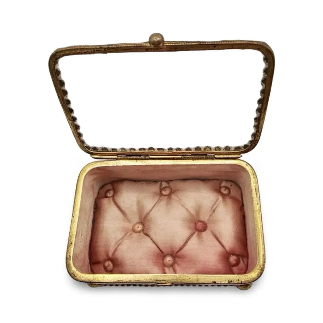 Antique French Ormolu Glass Jewelry Box With Original Tufted Coral Silk Interior - 9