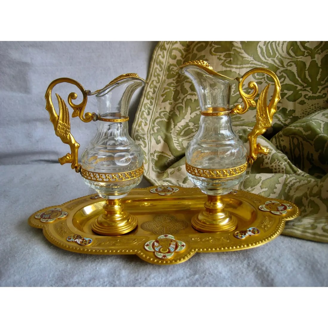 19th Century French Brass Enameled Cruet or Burettes Tray - 3 Piece Set - 2