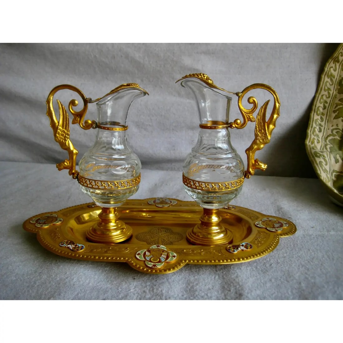 19th Century French Brass Enameled Cruet or Burettes Tray - 3 Piece Set - 3
