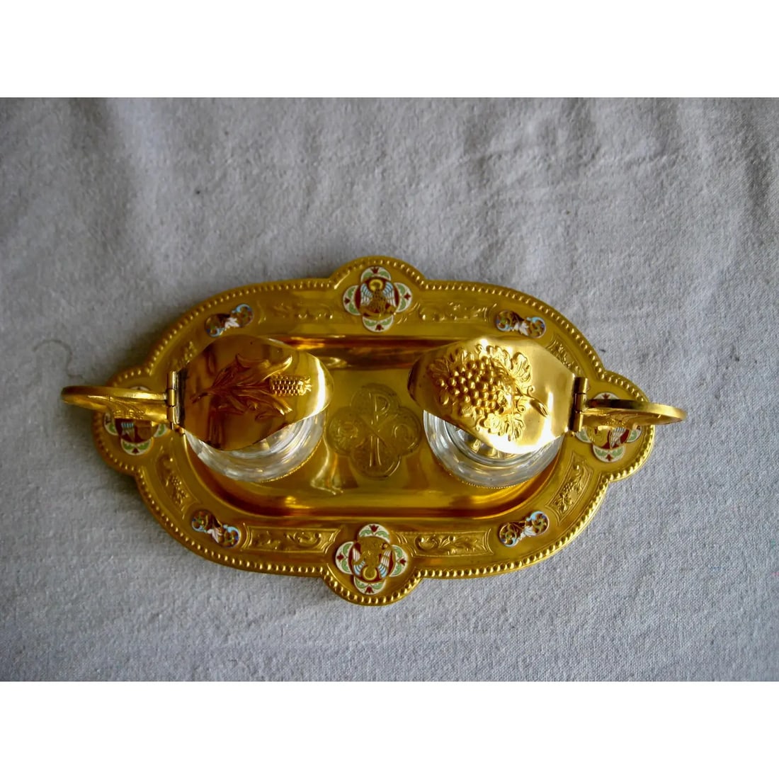 19th Century French Brass Enameled Cruet or Burettes Tray - 3 Piece Set - 6