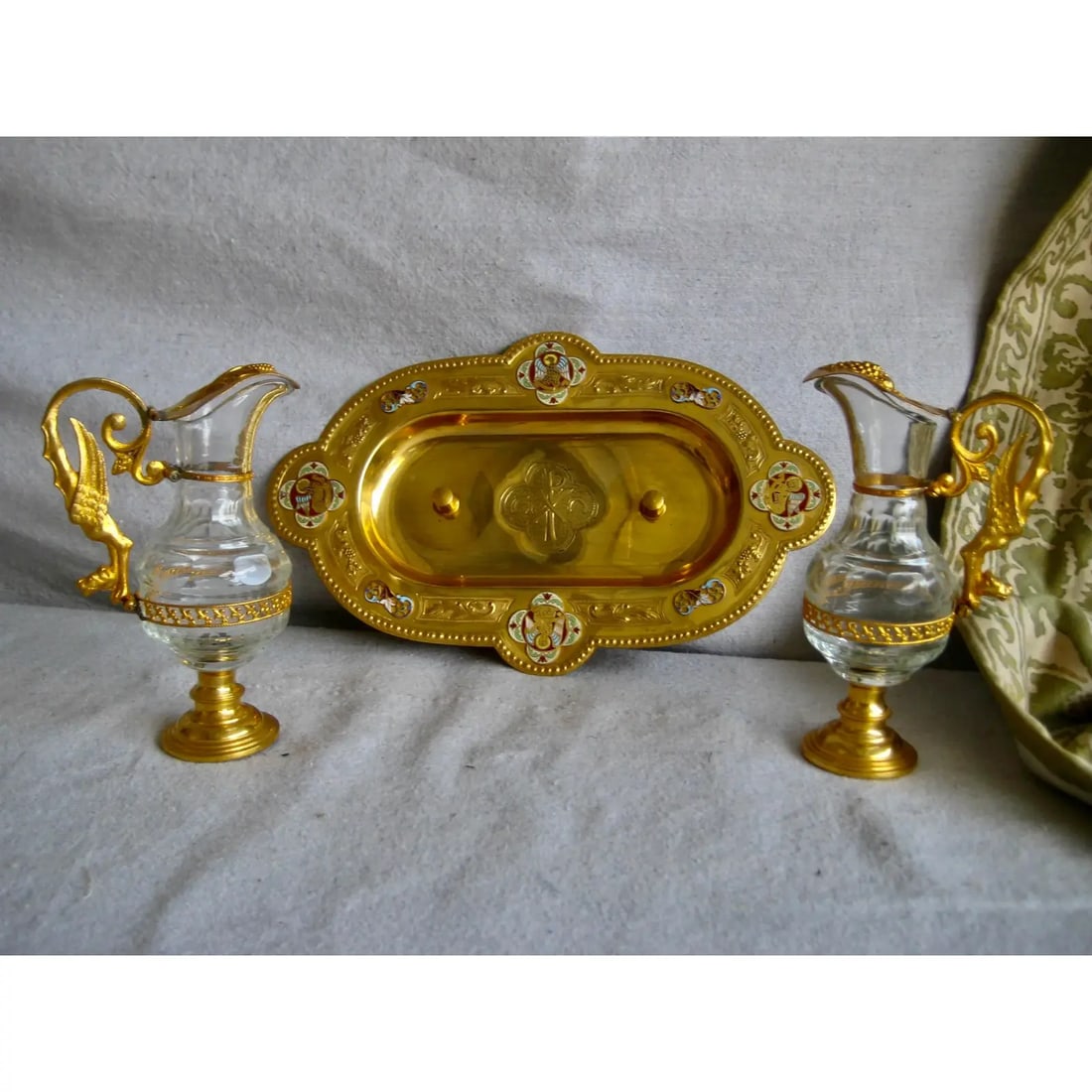 19th Century French Brass Enameled Cruet or Burettes Tray - 3 Piece Set - 7