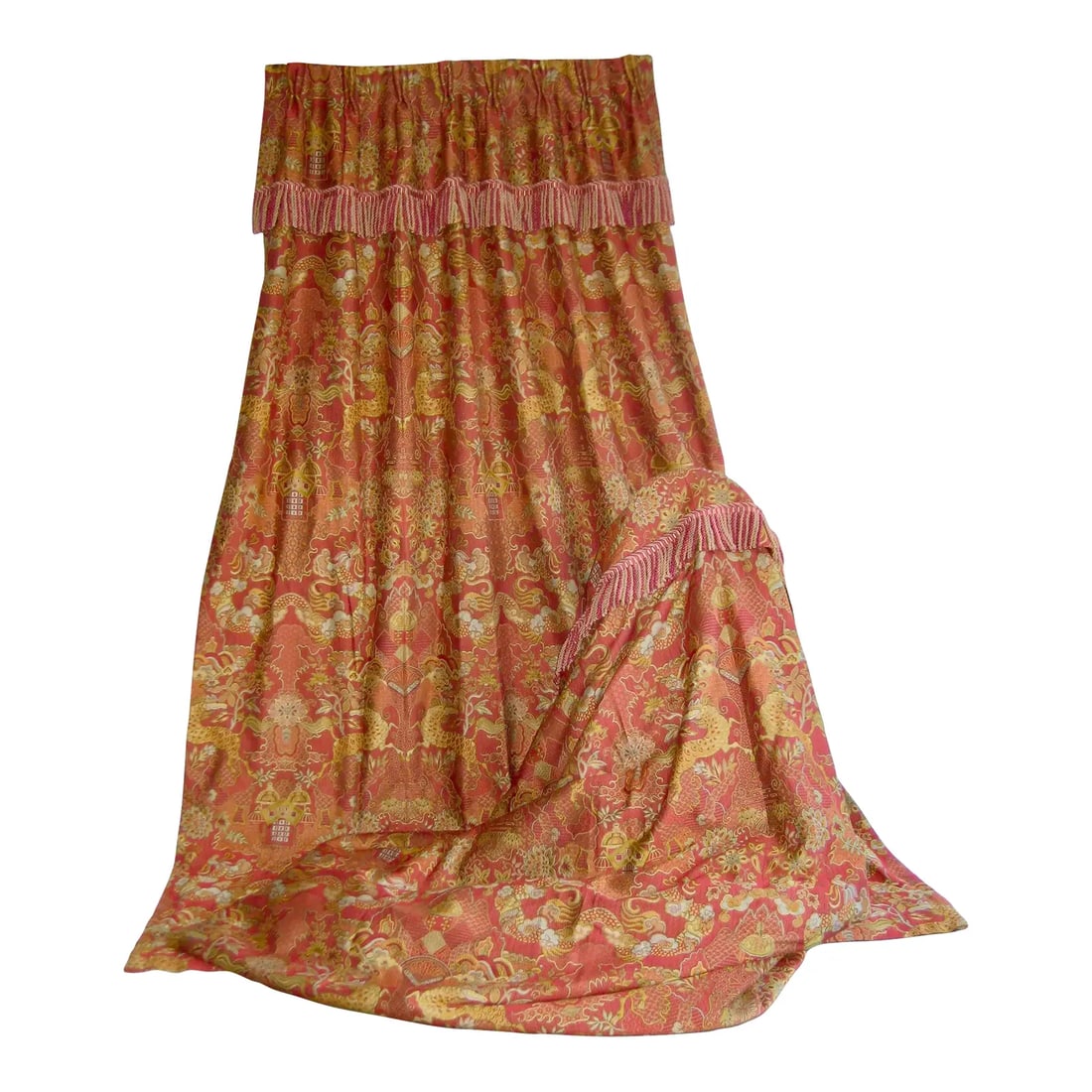 Large Pair of Chinoiserie Vintage Jacquart Curtains -Drapes: Very large pair of drapes in beautiful Jacquart that present a stunning chinoiserie scene with dragons and horses with dragon faces , pagodas and more , the Jacquart present a multitude of