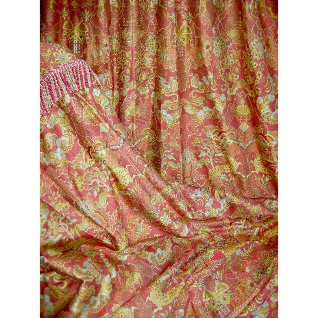 Large Pair of Chinoiserie Vintage Jacquart Curtains -Drapes - 2