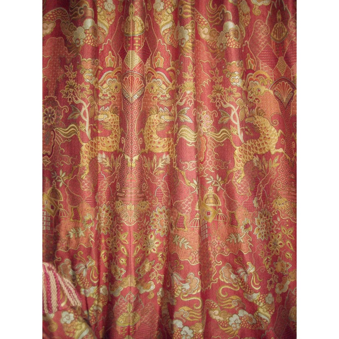 Large Pair of Chinoiserie Vintage Jacquart Curtains -Drapes - 3