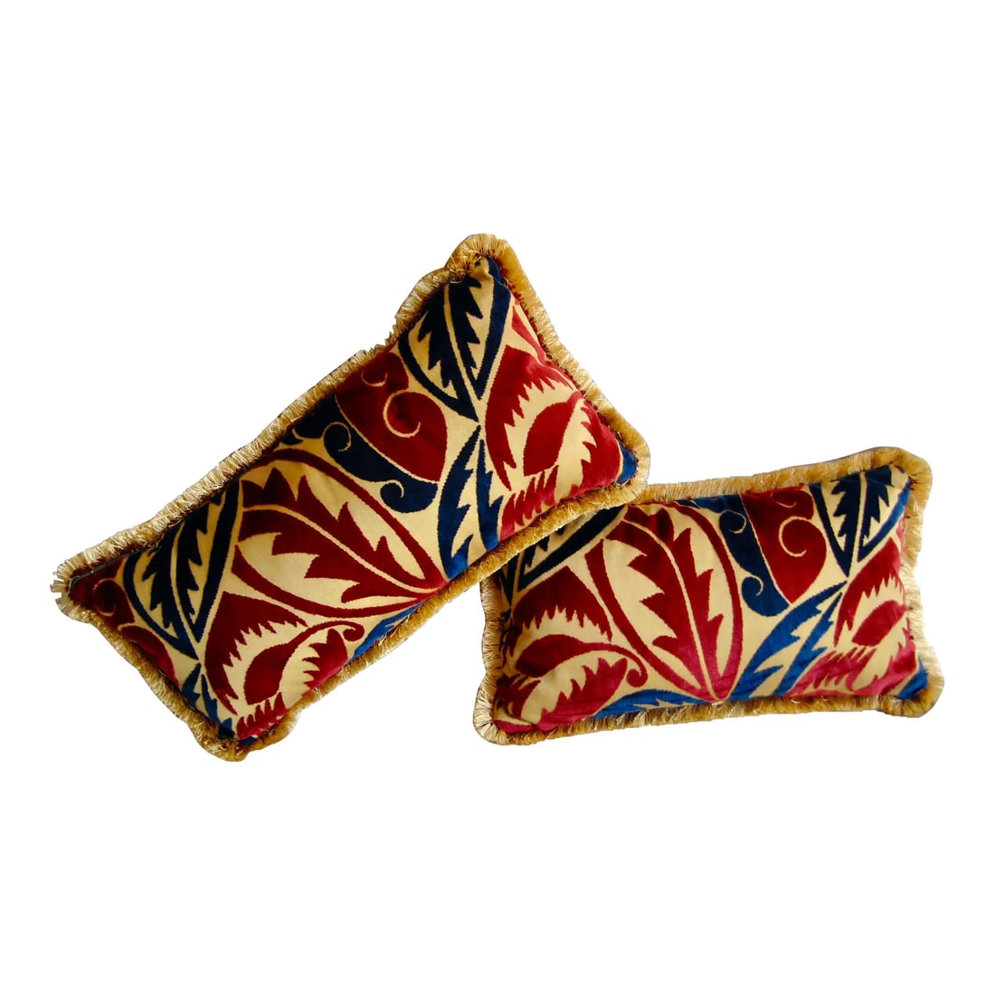 French Art Deco Raoul Dufy Velvet Grand Feuillage Design Pair of Pillows: Important this is a pair even if size differ a little, one pillow is 19 " W the other is 17" both are 10" H on 5" D, that small difference in size gives a more interesting esthetic effect , that compl