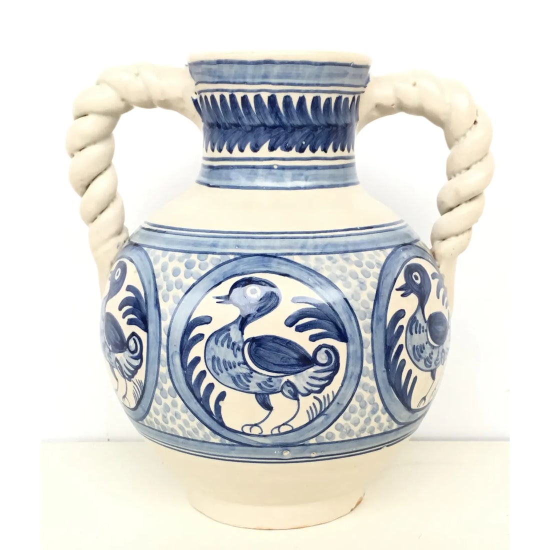 20th Century Glazed Earthenware Spanish Blue and White Painted Urn, Vase - 10