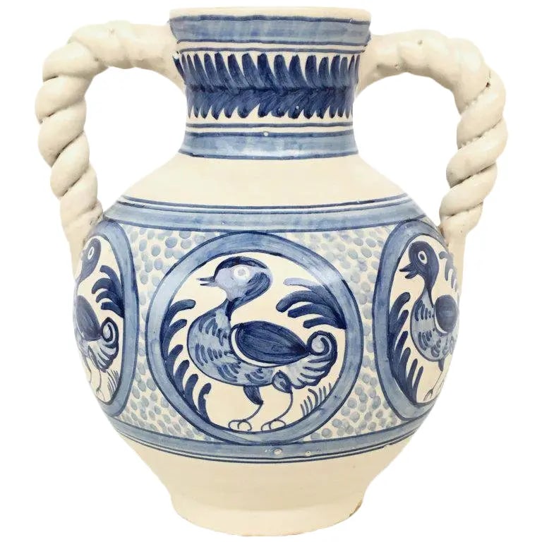 20th Century Glazed Earthenware Spanish Blue and White Painted Urn, Vase - 2