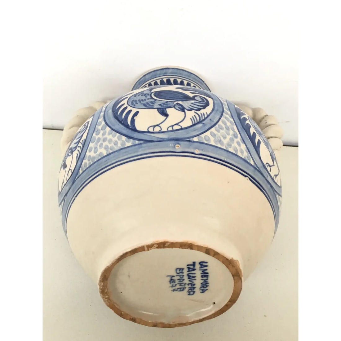 20th Century Glazed Earthenware Spanish Blue and White Painted Urn, Vase - 4