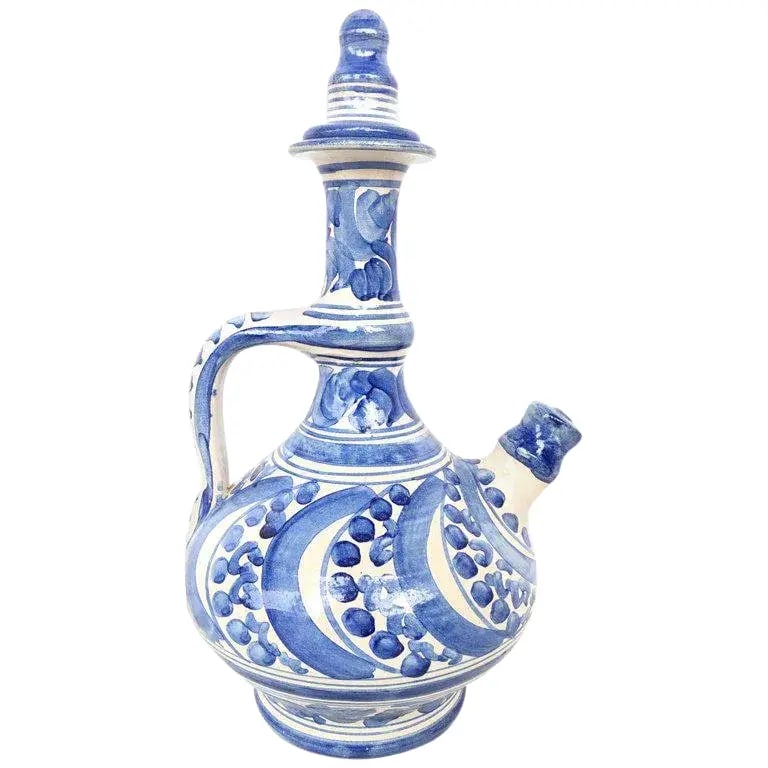 20th Century Glazed Earthenware Spanish Blue and White Painted Pitcher With Top - 6