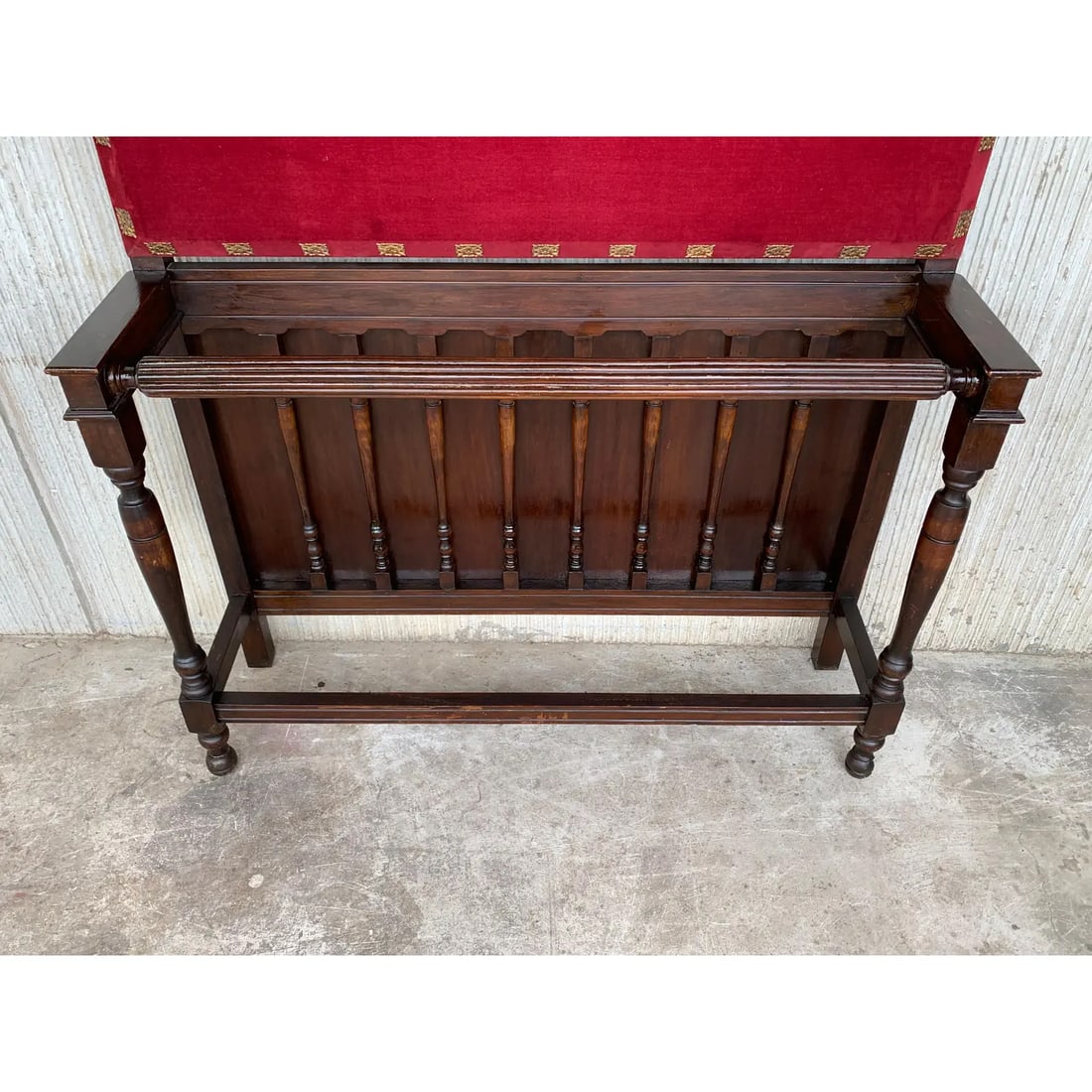19th Large Carved Spanish Solid Walnut Coat Rack Stand with Red Velvet Back - 12