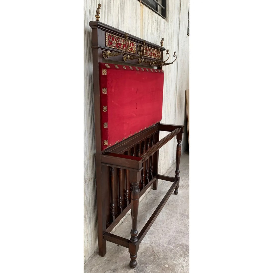 19th Large Carved Spanish Solid Walnut Coat Rack Stand with Red Velvet Back - 13