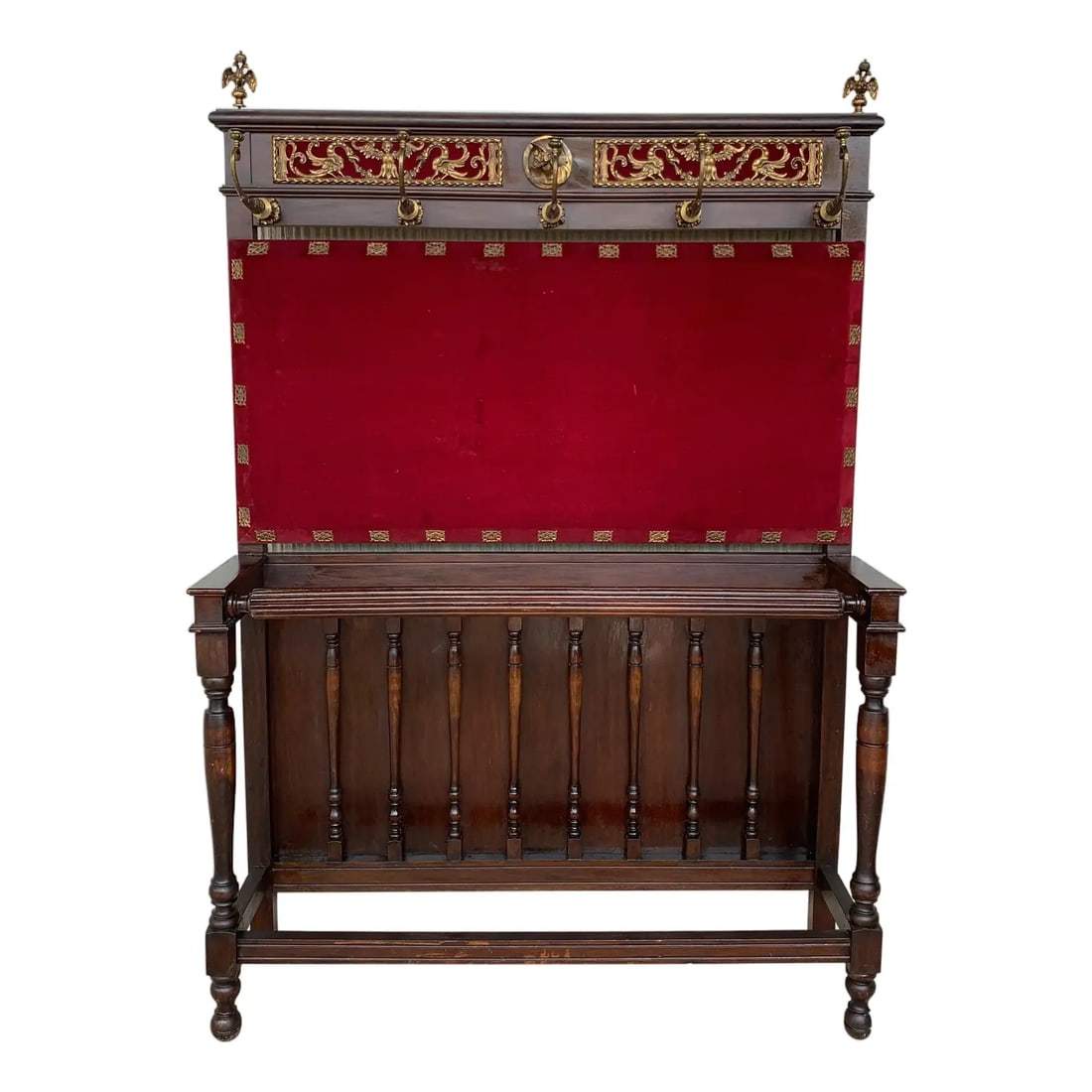 19th Large Carved Spanish Solid Walnut Coat Rack Stand with Red Velvet Back - 15