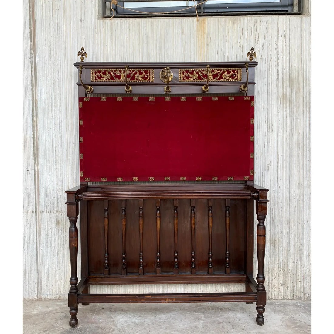 19th Large Carved Spanish Solid Walnut Coat Rack Stand with Red Velvet Back - 16