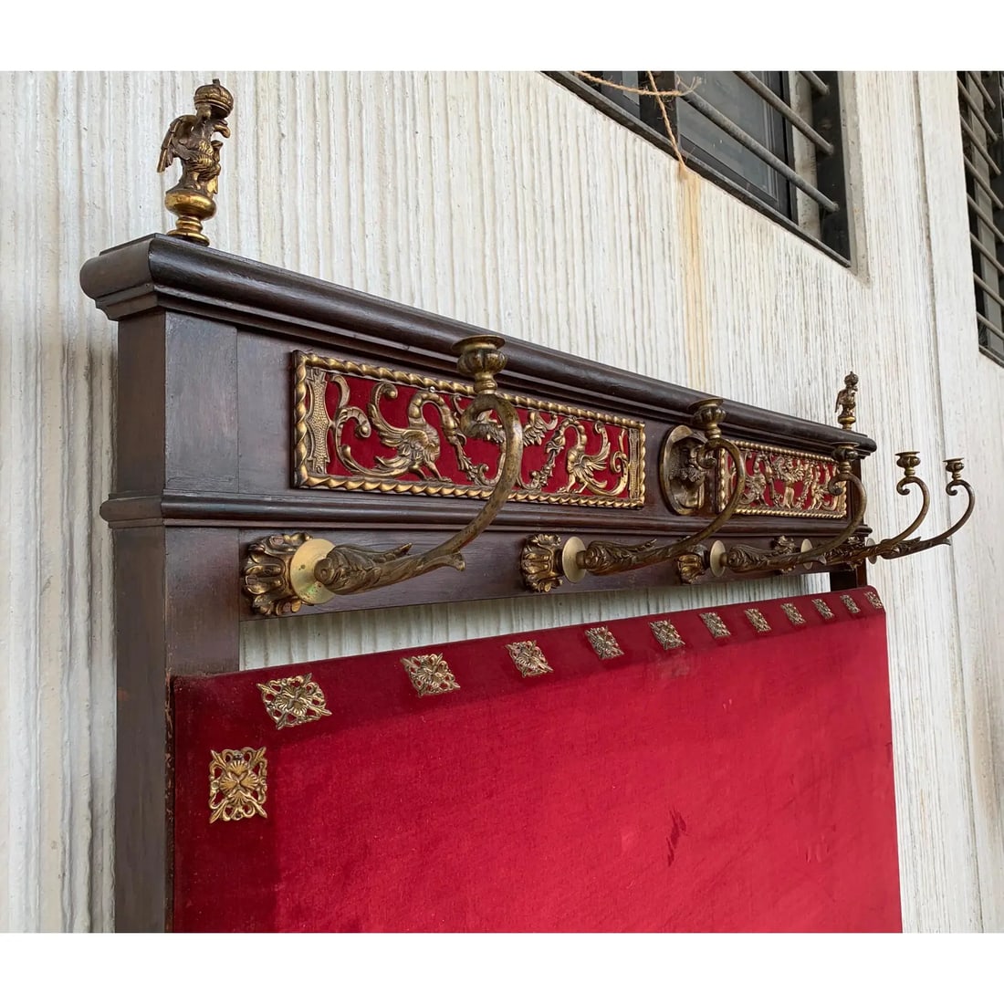 19th Large Carved Spanish Solid Walnut Coat Rack Stand with Red Velvet Back - 18